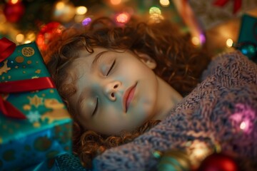 Wall Mural - Beautiful curly hair girl enjoys tranquil night's rest. Curly-haired and small she looks angelic her gentle restful sleep. Tender serenity of child's sleep symbolizes pure comfort.