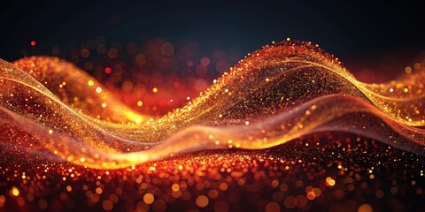 Poster - Golden Glitter Waves on a Black Background, 3D Render, Abstract, Bokeh, Light ,background, abstract