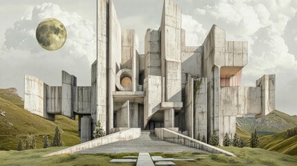 Futuristic Concrete Structure in a Surreal Landscape.