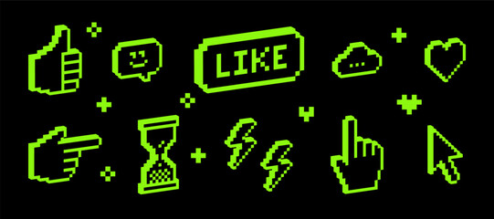 3D pixel art green elements set. Y2k trendy collage sticker. Thumbs up, smile face, heart. Mood of 90's aesthetics. 8-bit retro style vector illustration. Simple geometric shape. Game abstract icons