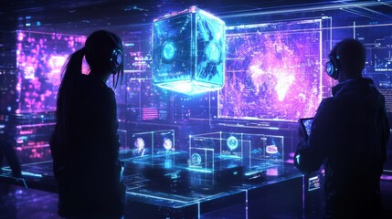 Futuristic Cyberspace Interface with Holographic Displays and Data.