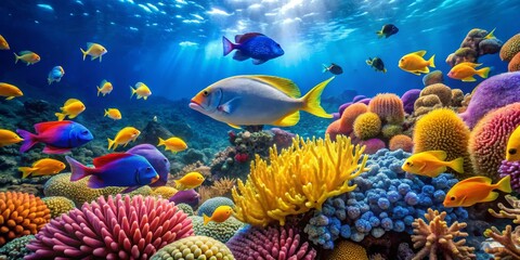 Naklejka na meble Underwater Paradise Vibrant Coral Reef with Colorful Fish, Sunlight and Deep Blue Water, Wide Shot, Composition - Tropical Fish, Coral Reef, Underwater World, Ocean Life