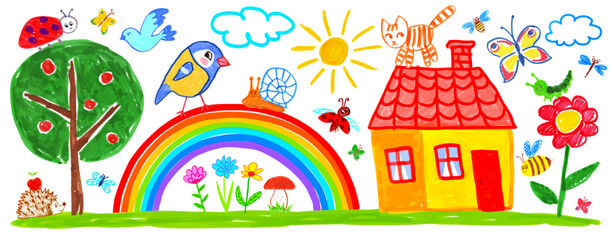 Wall Mural - Felt pen hand drawn vector illustrations collection of child drawing of summer landscape with house, rainbow arc and plants