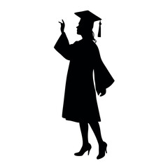 Canvas Print - a black silhouette of a person wearing a graduation cap and gown. The person is standing with their left arm raised in the air, as if they are waving or celebrating