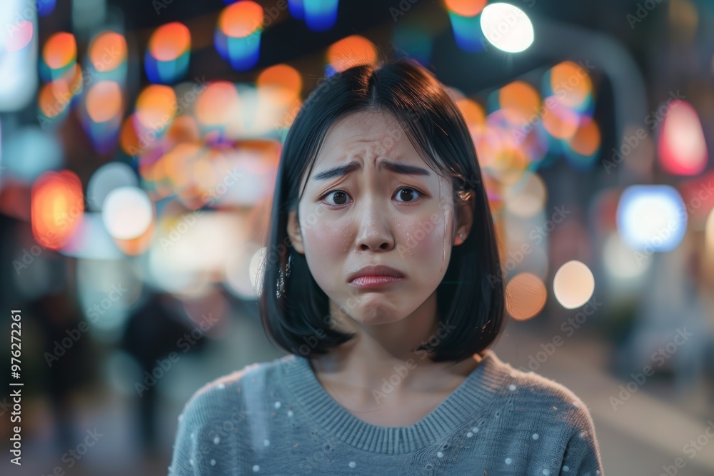 Tears fall from beautiful korean girl's eyes conveying deep sadness ...