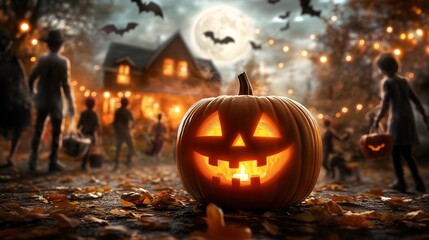 Halloween glowing pumpkin with spooky floating ghosts eerie haunted house, and flying bats under full moon creating spooky night scene perfect for Halloween branding posters in a Halloween commercial