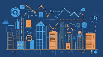 A blueprint illustration of a growing tech company, with graphs and upward arrows, symbolizing business success and expansion