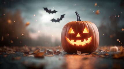 Halloween glowing Jack-o-lantern with spooky ghosts and bats in the background, ideal for a Halloween commercial.