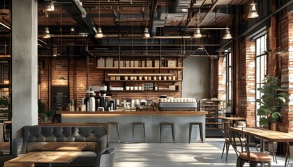 trendy industrial loft coffee shop featuring exposed brick, metal beams, and inviting seating for a cozy atmosphere