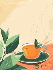 Wall Mural - Cup of Tea with Green Leaves Illustration