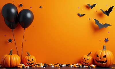 black balloons, orange background, bats, stars, candy, Halloween pumpkins