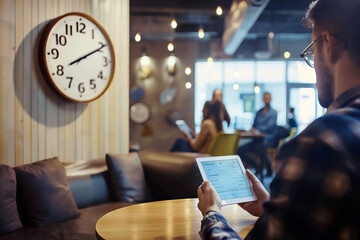 Wall Mural - a young professional using a tablet with a project management app, seated in a co-working space with