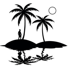 Wall Mural - a small island with palm trees. The island is located in the middle of a body of water, with the reflection of the trees and the sky visible on the surface