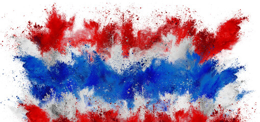 colorful flag of thailand with red blue and white color holi paint powder explosion isolated white background. asian thai national europe travel and tourism concept.