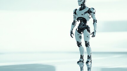 White humanoid robot standing on a reflective surface.