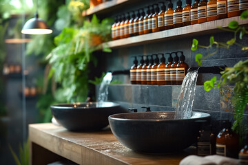 Two elegant stone basins with gentle water flow create a soothing atmosphere, surrounded by lush greenery and neatly arranged wellness products for relaxation