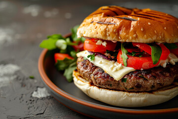 greek feta cheese stuffed bifteki burger, selective focus