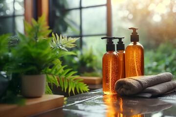 Wall Mural - Amber bottles filled with liquid soap are artfully arranged on a countertop next to soft towels, surrounded by vibrant greenery and bathed in warm natural light