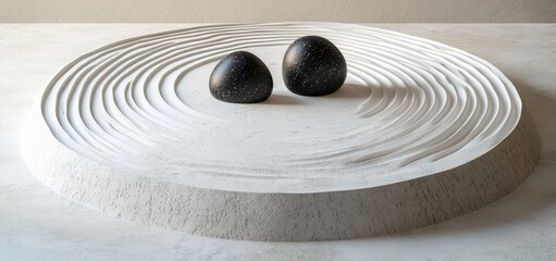 Minimalist zen garden design featuring a white sand circle with two black rocks as focal points