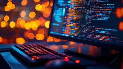 computer monitor displaying code, with a keyboard and mouse on a desk. The background is blurred with bokeh lights