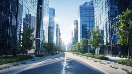 Poster - empty street with skyscrapers on both sides. The sky was clear, and the sun was shining brightly.