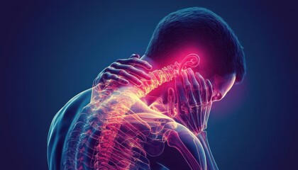 X-ray style illustration of a human body highlighting spine and neck pain with vibrant colors on a dark background