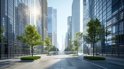 Poster - empty street with skyscrapers on both sides. The sky was clear, and the sun was shining brightly.