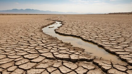 Dry Cracked Earth With a Small Stream in a Desolate Landscape Under a Clear Sky at Midday