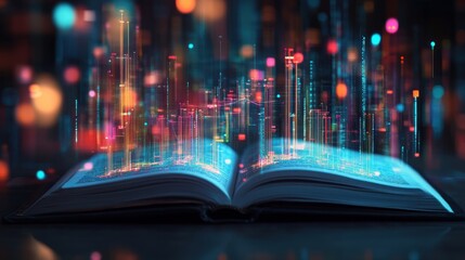 open book with colorful data visualizations appearing symbolizes the ever-evolving science and technology.