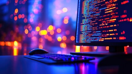 computer monitor displaying code, with a keyboard and mouse on a desk. The background is blurred with bokeh lights