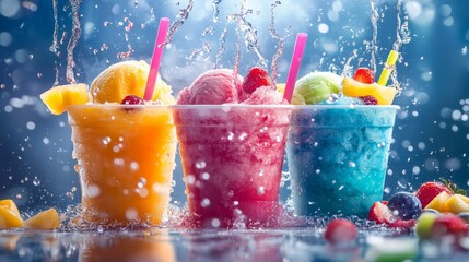 A vibrant and eyecatching display of fruity ice cocktails served in colorful and cheerful cups, creating the perfect treat for summer enjoyment and refreshing moments with friends or family