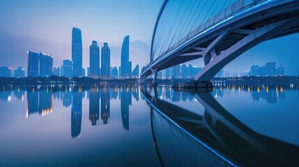 Wall Mural - Arched modern bridge with city skyline background