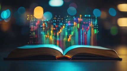 open book with colorful data visualizations appearing symbolizes the ever-evolving science and technology.