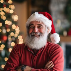 A cheerful man embraces the holiday spirit with a big smile and festive attire