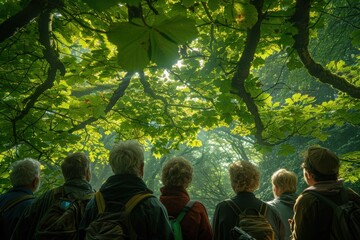 Several people are standing under a tree in a forest, tour group