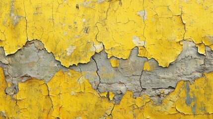 A textured shot of a cracked yellow-painted concrete wall, with paint peeling away in patches, exposing the rough, weathered surface underneath, creating a strong sense of decay and urban grunge.