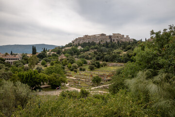 Views from the ancient Agora historical site in the city of Athens, Greece