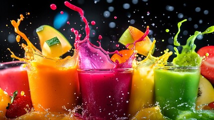 Wall Mural - fresh fruit juices splashing in glasses with a black background.