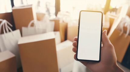 Close-up hand holding smartphone mockup with white screen and space for text on blurred background of many boxes, paper bags and parcels. Black friday shopping. Cyber monday shopping.