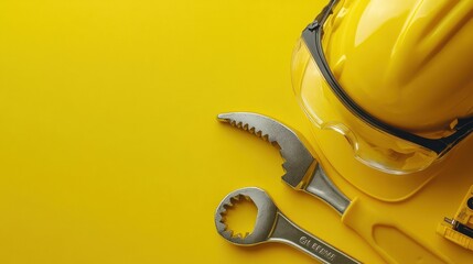 Safety gear and tools on yellow background for construction and maintenance