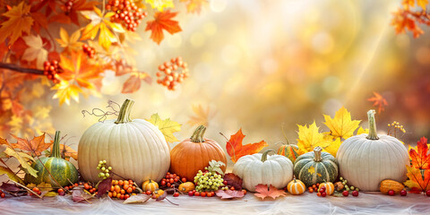 Wall Mural - Autumn Harvest Display with Pumpkins, Colorful Leaves, and Berries in Sunlit Nature Setting. banner