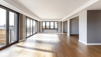 An upscale empty staging room in a real estate setting, showcasing an apartment devoid of furniture, emphasizing spacious and luxurious interiors.