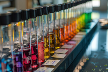 Biochemistry experiment in detail test tubes with colorful compounds digital notes on the side