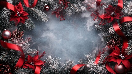 An elegant Christmas decoration frame with rich red ribbons, silver ornaments, and frosted pine twigs encircling a light mist of smoke, leaving the center open as a soft, dreamy space for holiday