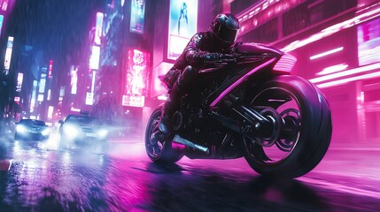 Wall Mural - A lone motorcyclist rides through a neon-lit city street.