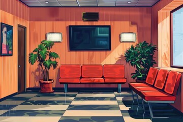 Wall Mural - A modern waiting room with comfortable red chairs, perfect for offices or healthcare settings