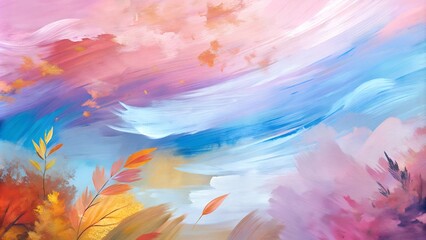 Vibrant abstract painting of autumn leaves and sky, artistic illustration for seasonal decor, copy space