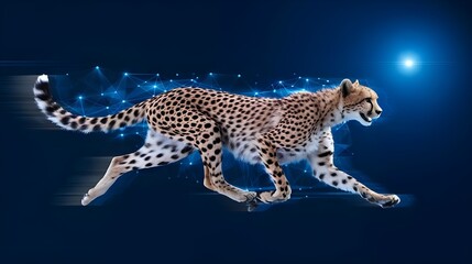 Cheetah Running with Abstract Blue Lines and Dots