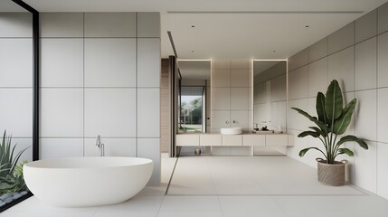 Wall Mural - Modern Bathroom Interior Design with Freestanding Bathtub and Greenery