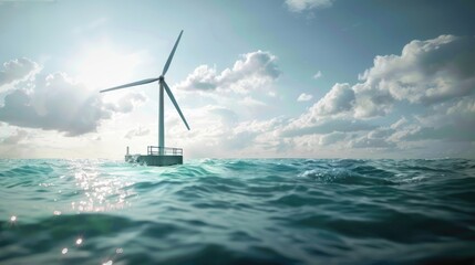 Engineer man maintains a windmill turbine on the open sea. Green energy and technology concept. AI-generated.